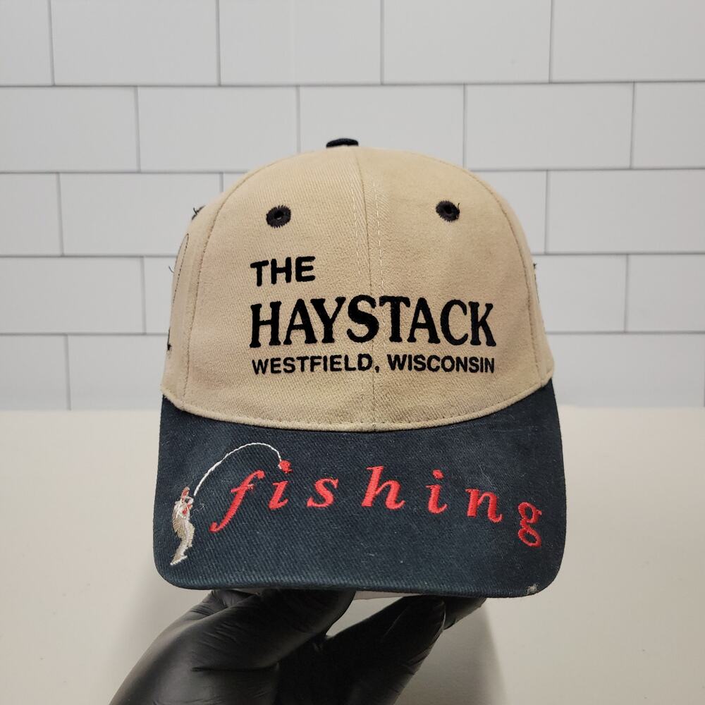 Vintage Nissin The Haystack Wisconsin Fishing Hat Snapback Tan Black Embroidered
